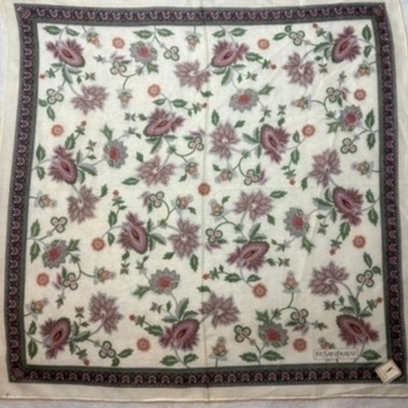 Vtg YVES SAINT LAURENT Scarf Handkerchief Floral Paisley Cotton Cream 18.5\